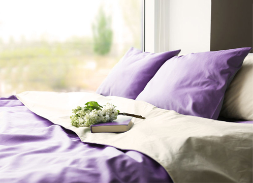net, opgemaakt bed met paarse lakens en kussens onder een raam met uitzicht op groene weide